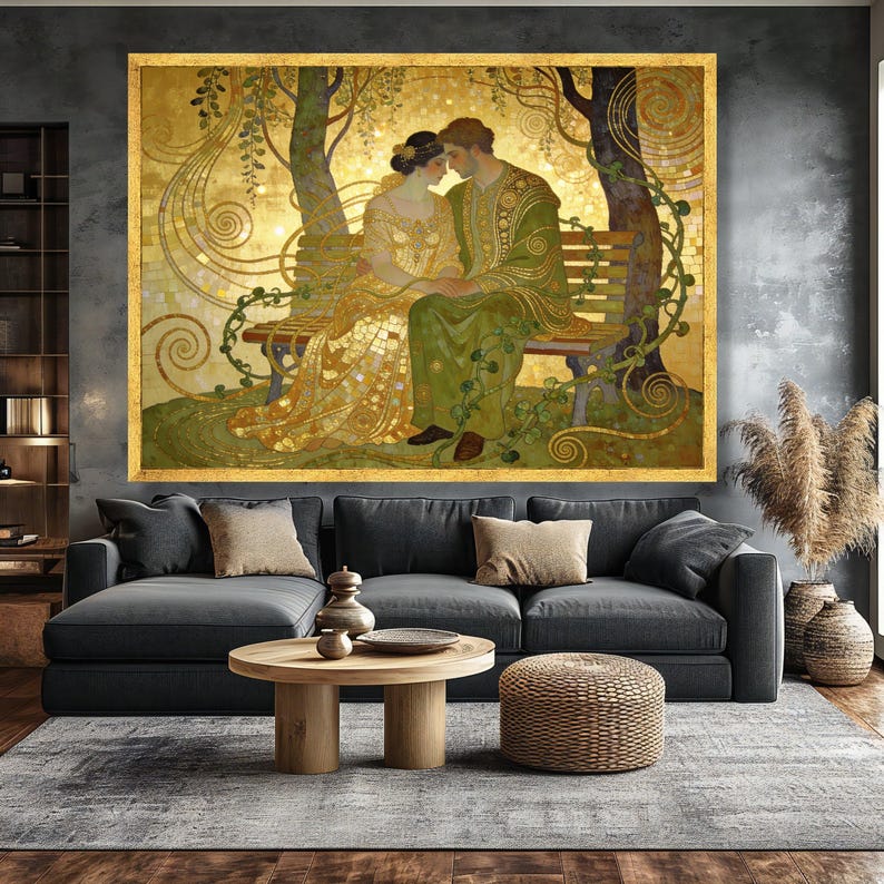 Gustav Klimt Romantic Couple on Bench Canvas, Golden Art Nouveau Wall ...