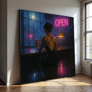 Neon Night Bar Canvas Painting – Woman in Black Dress with Cocktail Under Rainy Window – Ready to Hang Gift for Noir Art Lovers