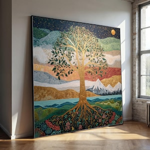May include: Large framed artwork featuring a golden tree with detailed roots and leaves. The background showcases a landscape with mountains, a river, and a starry night sky. The color palette includes gold, green, blue, and red.