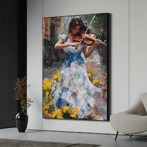 Elegant Violinist in Floral Dress Canvas Painting, Romantic Musical Wall Art Gift for Classical Music Lovers and Home Decor