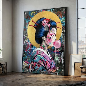 Arte de parede em tela de gueixa com grafite, pintura de arte pop japonesa, arte de rua asiática moderna e colorida para decoração de casa ou loft