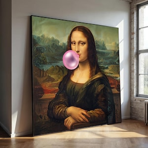 Mona Lisa Bubblegum Canvas Painting – Funny Pop Art Wall Decor, Ready to Hang, Quirky Modern Gift, Iconic Classic with a Twist