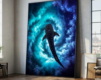 Whale Shark Cosmic Ocean Canvas Wall Art, Large Sea Life Painting Print, Blue Galaxy Style Home Decor