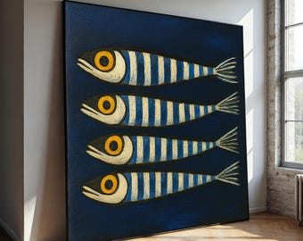 May include: A large canvas painting featuring four stylized fish. Each fish has a white body with blue stripes, yellow eyes, and a white and blue tail fin. The background is a deep navy blue.