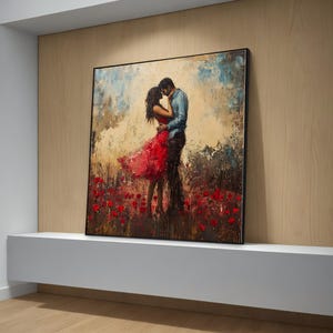 Romantisches Paar im roten Kleid Leinwand Gemälde - Liebe und Leidenschaft Wandkunst - Jahrestagsgeschenk für Wohndekor