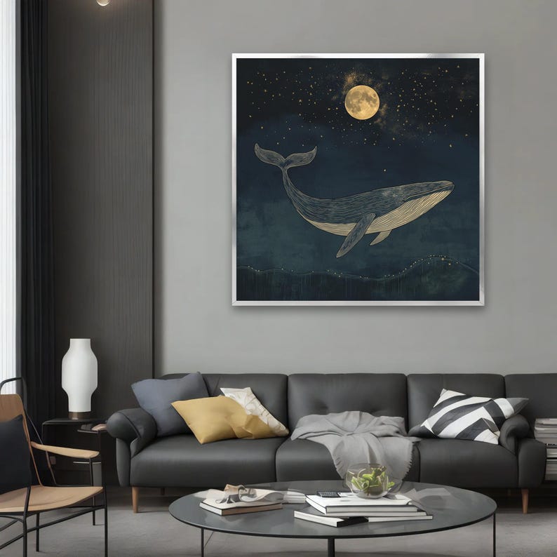 Magical Whale and Moon Canvas Painting - Dreamy Night Sky Art With ...