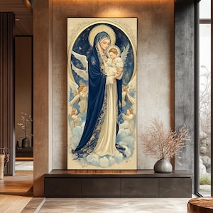 Virgin Mary and Baby Jesus Canvas Painting, Holy Mother with Angels, Catholic Wall Art, Christian Home Decor, Religious Gift, Large Canvas