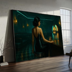 Moody Noir Bar Scene Canvas Painting – Woman in Black Dress with Whiskey & Jukebox – Ready to Hang Gift for Him or Her