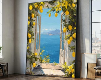 Peinture sur toile citronnier vue mer - oeuvre d'art murale prête à accrocher pour cuisine, scène de fenêtre méditerranéenne, cadeau vibrant pour les maisons d'été