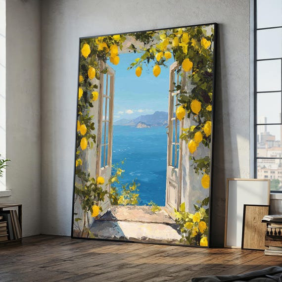 Lemon Tree Sea View Canvas Painting - Ready to Hang Kitchen Wall