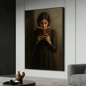 Vintage Mädchen beim Lesen Buch Leinwand Gemälde - fertig zum Aufhängen, romantisches Geschenk für Buchliebhaber, Dark Academia Wandkunst