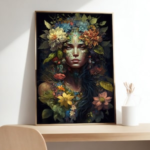 Flower Goddess Canvas Print, Nature Woman Artwork, Floral Headed Woman Painting, Botanical Art Print