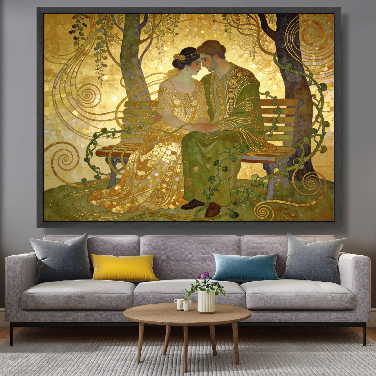 Gustav Klimt Romantic Couple on Bench Canvas, Golden Art Nouveau Wall ...