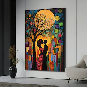 Abstraktes romantisches Paar-Leinwandbild, gerahmte Wandkunst, Valentinstagsgeschenk, fertig zum Aufhängen, Buntes Dekor