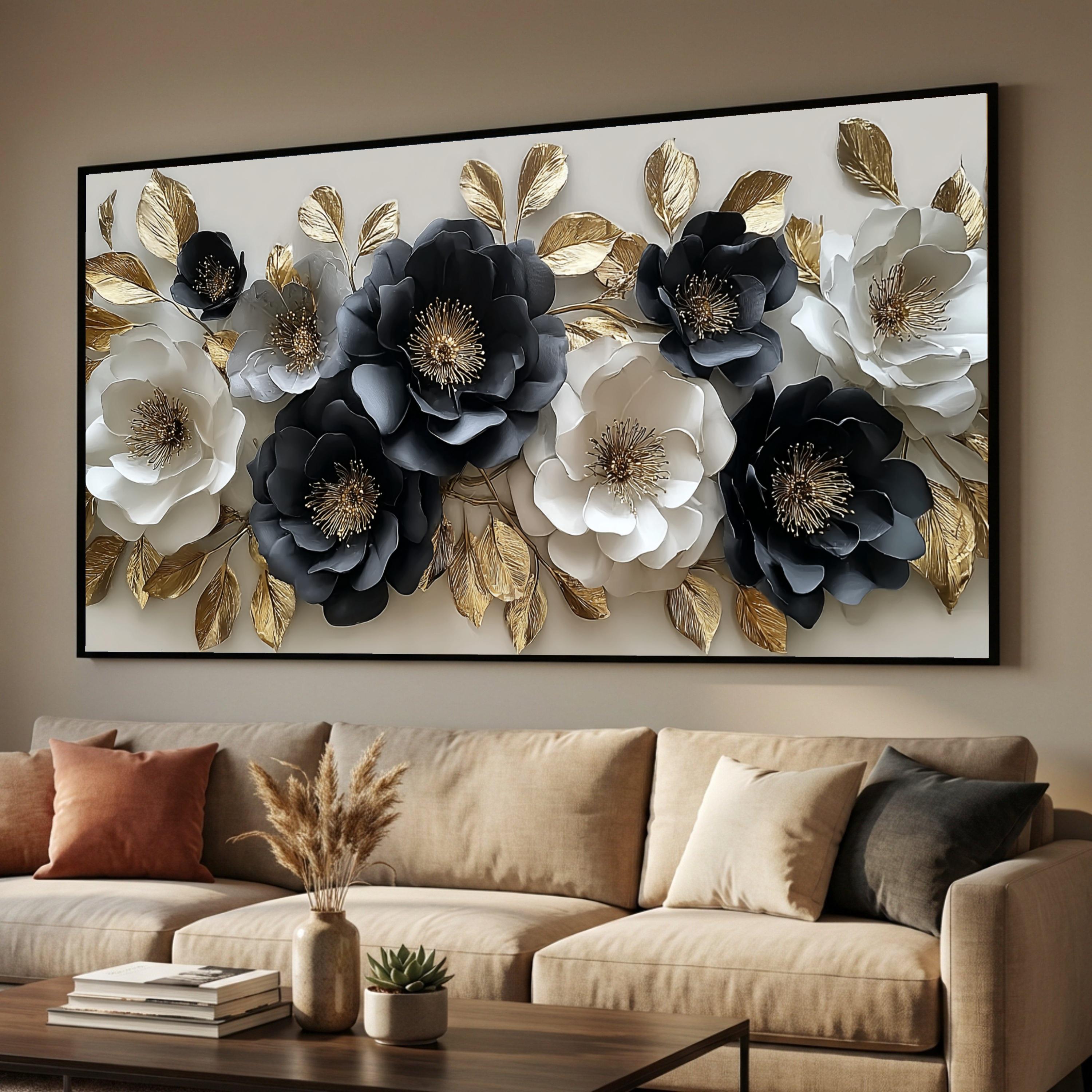 Elegant Black and White Floral Canvas Wall Art, Gold Leaf Accent ...