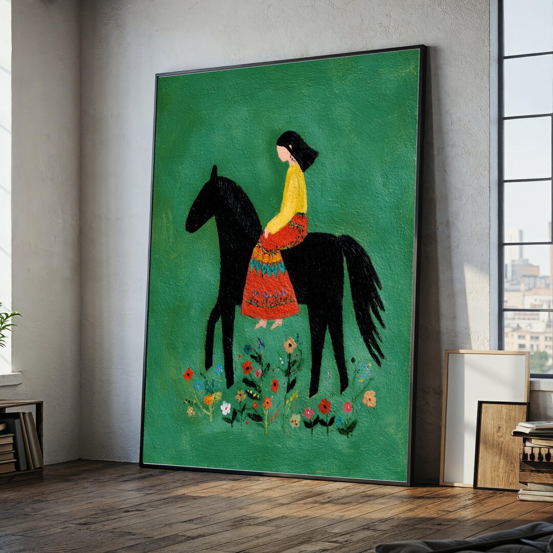 Woman Riding Black Horse Canvas, Folk Art Style Wall Decor, Floral ...
