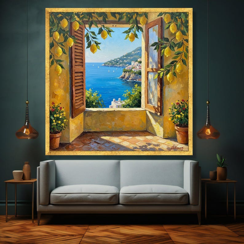 Mediterranean Seaside View, Lemon Tree Canvas, Open Window Wall Art ...