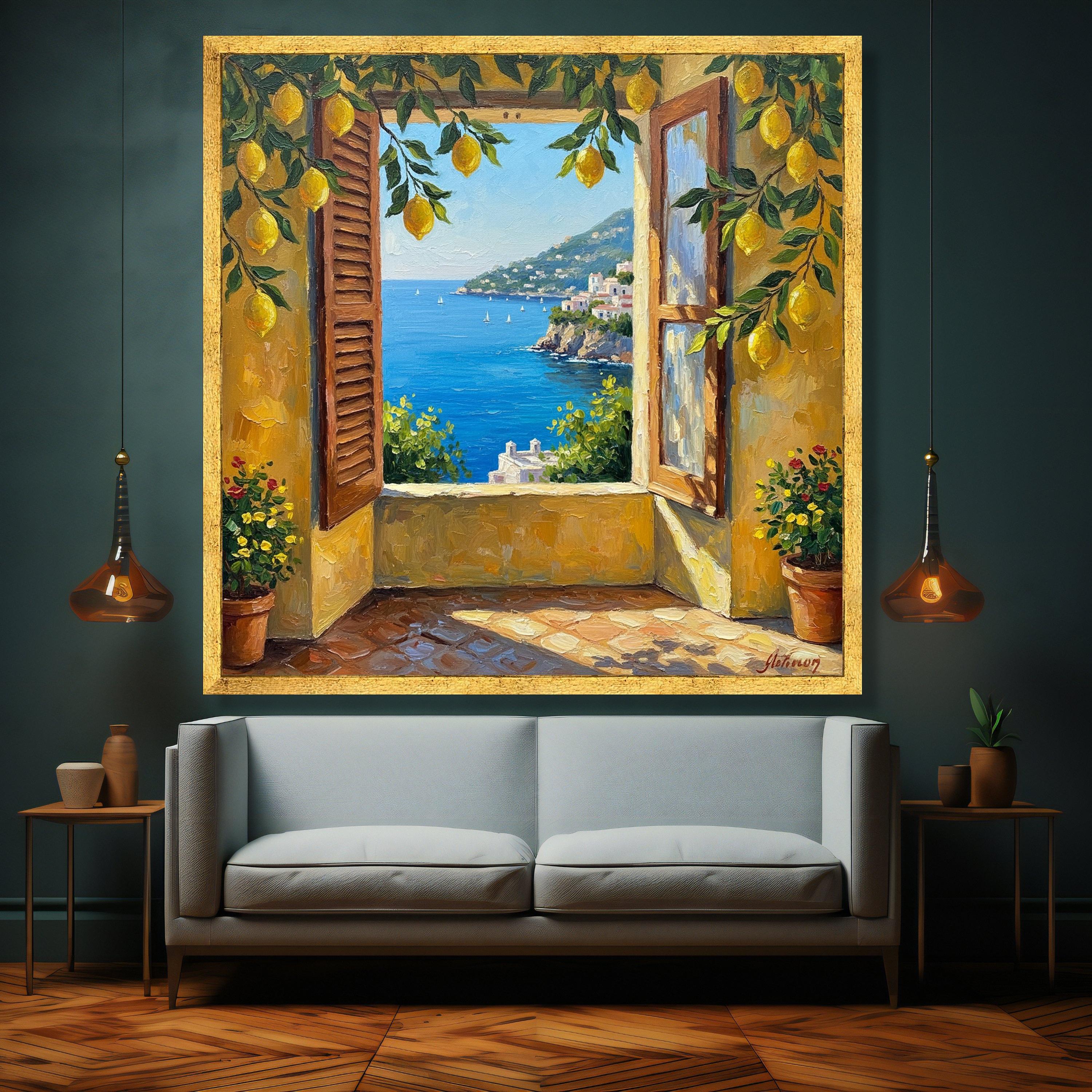 Mediterranean Seaside View, Lemon Tree Canvas, Open Window Wall