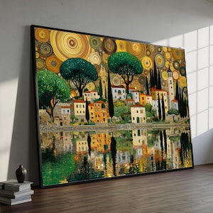 Gustav Klimt byscen, konstnärlig landskapsväggkonst, dekorativ stadsreflektionsduk, modern utsmyckad heminredning
