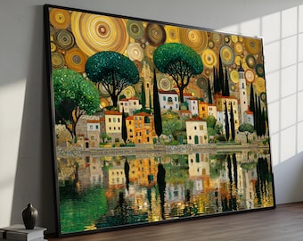 Gustav Klimt Village Scene Canvas, Artistic Landscape Wall Art, Decorative Town Reflection Canvas, Modern Embellished Home Decor