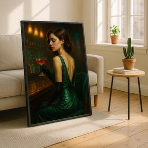 Vintage Bar Woman Canvas Painting – Glamorous Lady in Green Dress with Cocktail, Ready to Hang, Gift for Retro and Art Deco Lovers