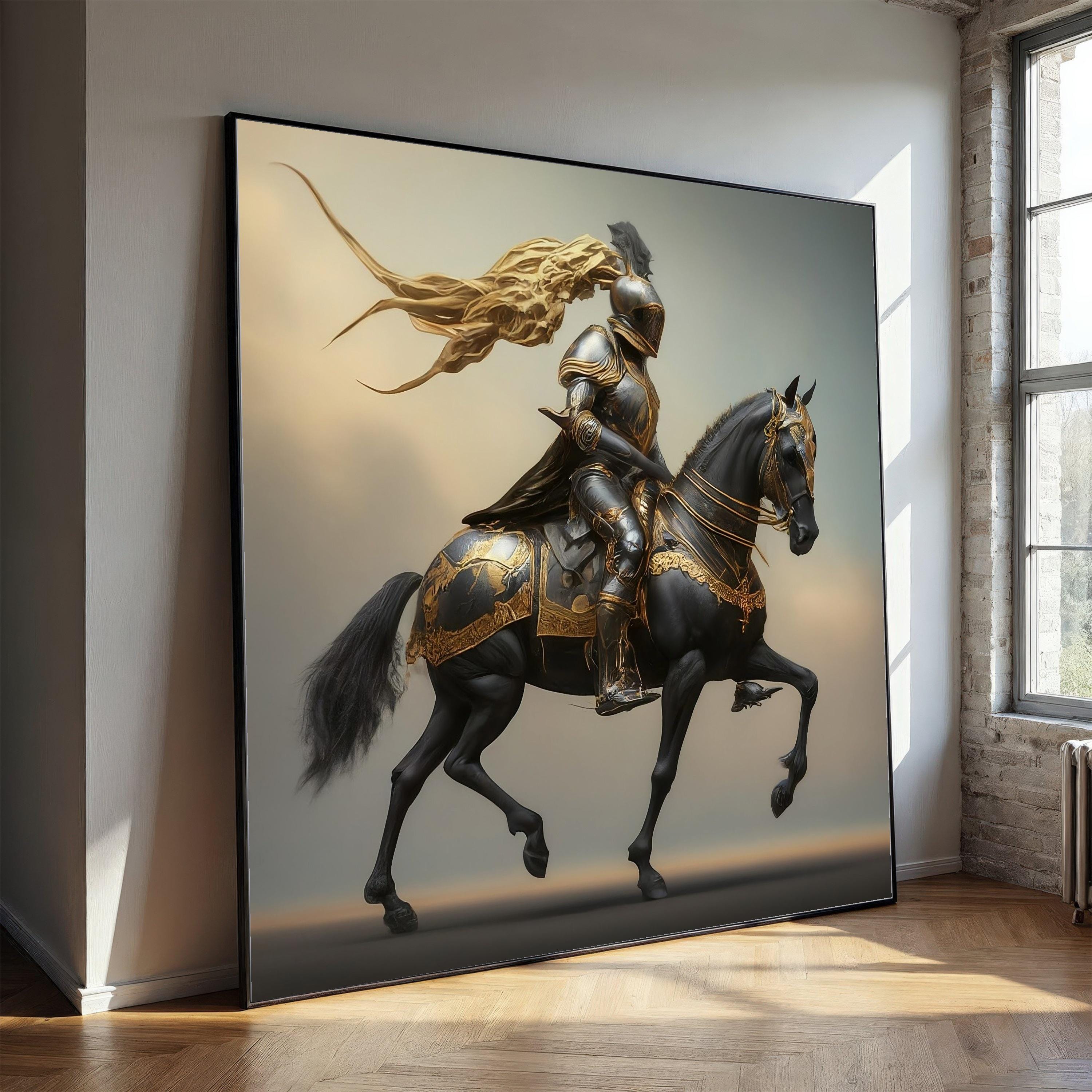 Medieval Knight on Black Horse Canvas, Fantasy Armor Wall Art, Golden ...