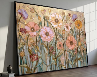Gustav Klimt Floral Canvas Wall Art, Decorative Gold Accents, Modern Art Nouveau Flowers, Elegant Botanical Canvas, Home Decor Painting