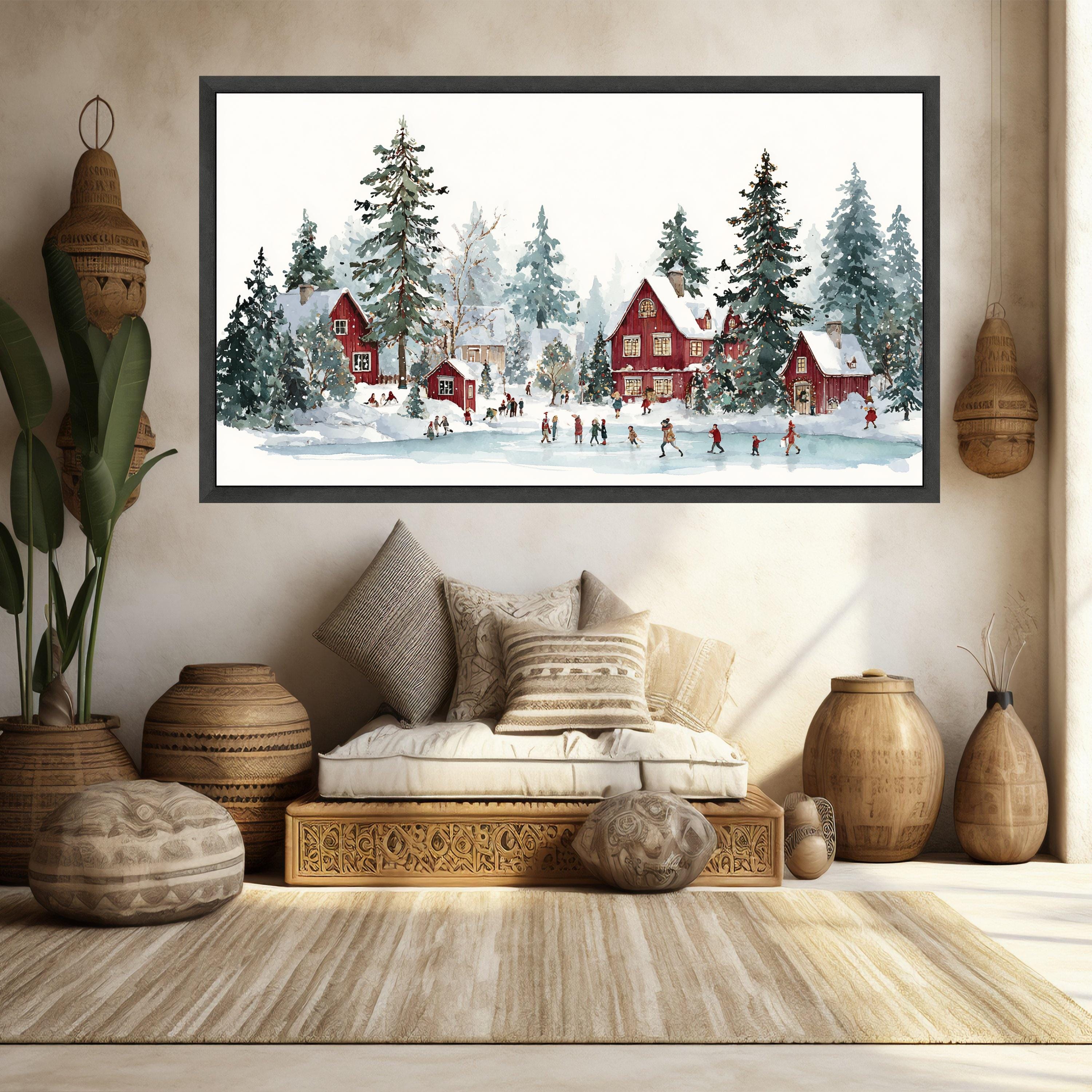 Winter Village Scene Canvas, Red Cottage Wall Art, Snowy Landscape ...