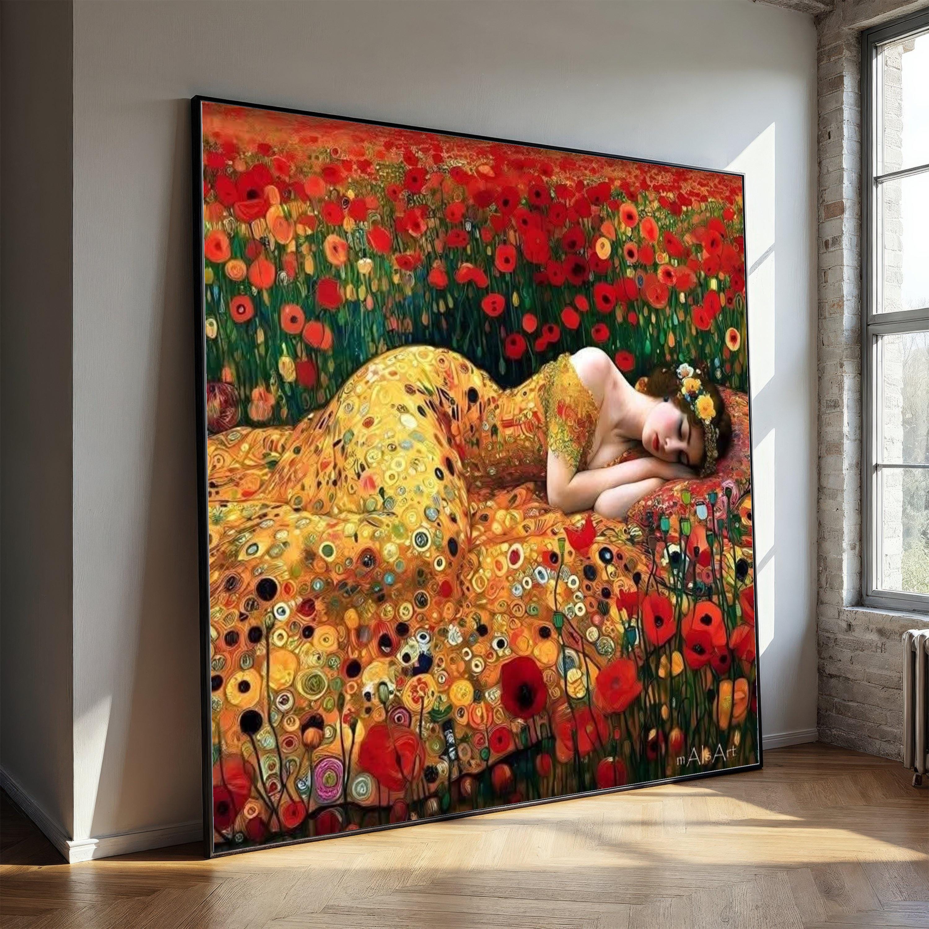Gustav Klimt Sleeping Woman Canvas, Floral Poppy Field Wall Art ...