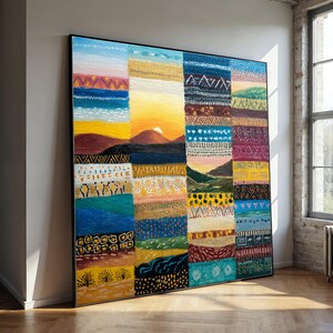Tela astratta patchwork colorata, arte murale con motivi etnici, design boho, tela tessile dai colori vivaci, dipinto per l'arredamento di casa