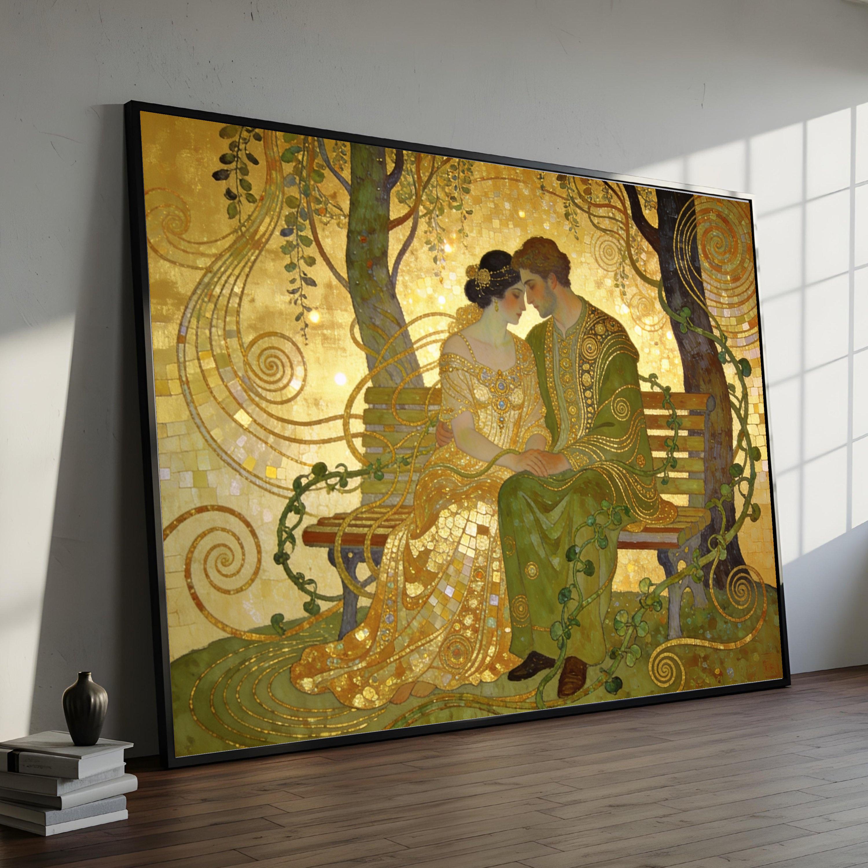Gustav Klimt Romantic Couple on Bench Canvas, Golden Art Nouveau Wall ...