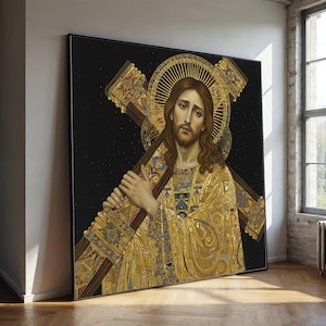 Gustav Klimt Jesus Carrying Cross Canvas, Spiritual Sacred Art Print, Religious Home Decor, Gold Pattern Wall Art, Christian Canvas image 1
