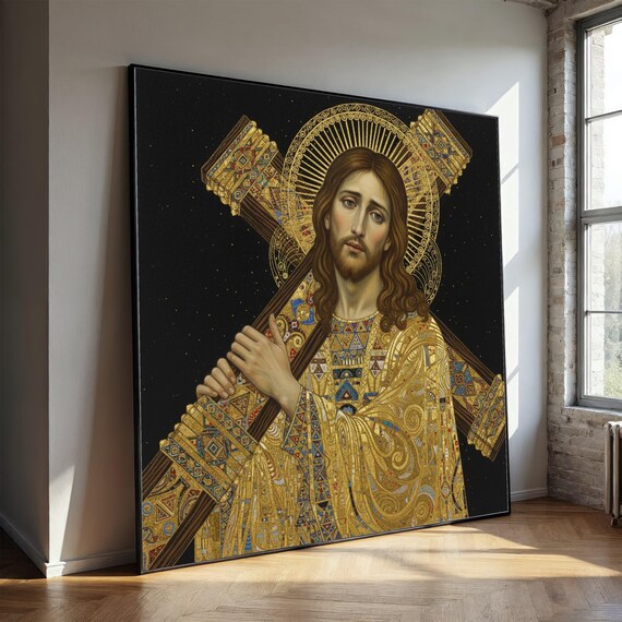 Gustav Klimt Jesus Carrying Cross Canvas, Spiritual Sacred Art Print, Religious Home Decor, Gold Pattern Wall Art, Christian Canvas