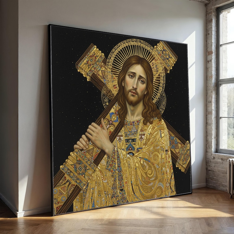 Gustav Klimt Jesus Carrying Cross Canvas, Spiritual Sacred Art Print, Religious Home Decor, Gold Pattern Wall Art, Christian Canvas image 1