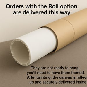 May include: A rolled canvas print inside a brown cardboard tube. The canvas is white and textured. Text on the image states, "Orders with the Roll option are delivered this way." Additional text explains the canvas is rolled and delivered inside.