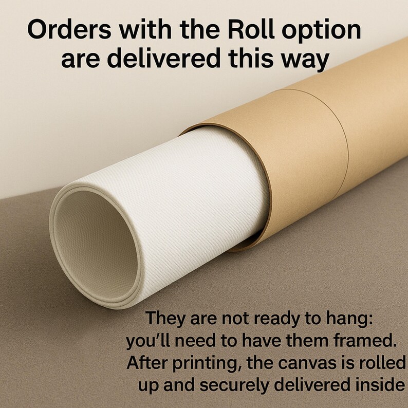 May include: A rolled canvas print inside a brown cardboard tube. The canvas is white and textured. Text on the image states, "Orders with the Roll option are delivered this way." Additional text explains the canvas is rolled and delivered inside.