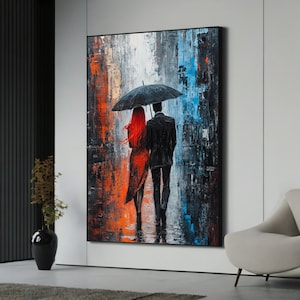 Romantic Couple Under Umbrella Canvas Painting, Framed Wall Art, Valentine’s Day Gift, Ready to Hang Modern Home Decor