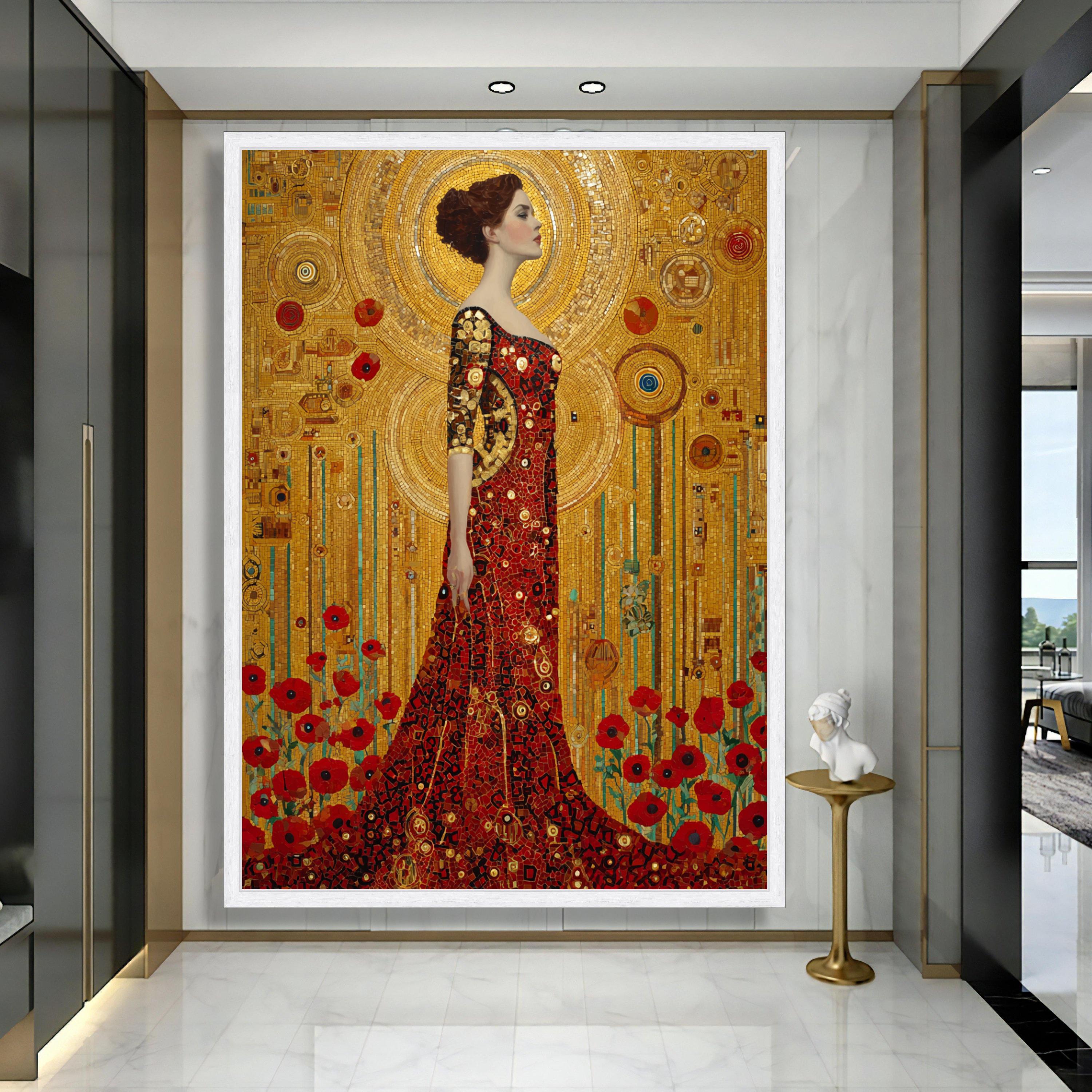 Gustav Klimt Woman in Red Dress Canvas Wall Art, Golden Mosaic Floral ...