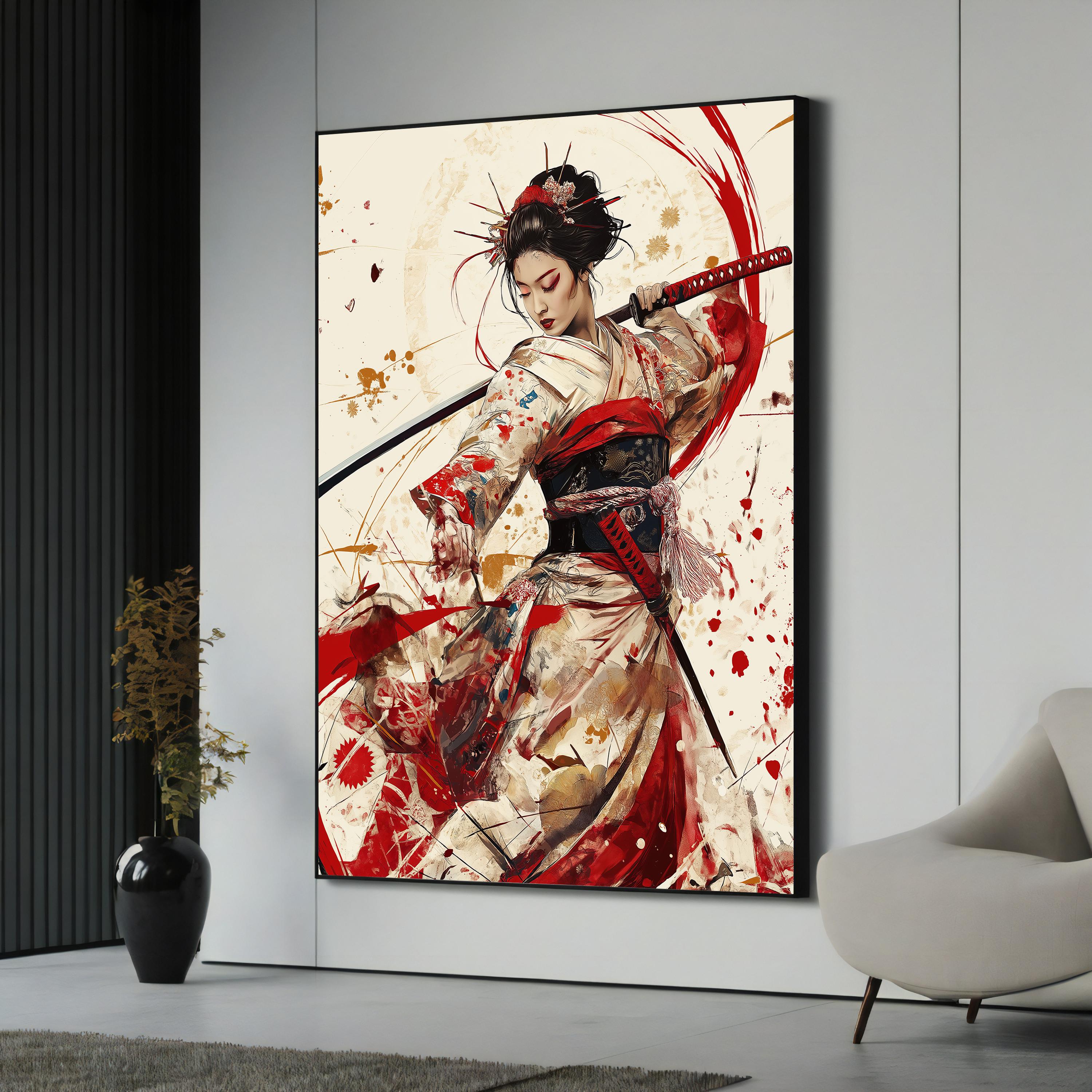 Japanese Samurai Woman Canvas Painting | Geisha Warrior in Kimono Wall ...