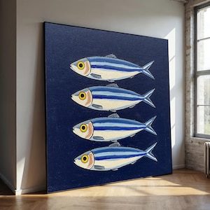 Muurkunst kustvissen | Zeevaartblauw gestreepte canvasafdruk vissen | Modern op de oceaan geïnspireerd kunstwerk voor keuken, strandhuis of kustdecoratie
