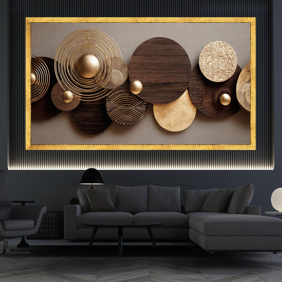 Modern Geometric Circles Canvas Wall Art, Gold and Brown Abstract Metal ...
