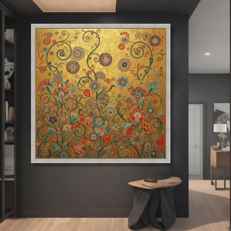 Gustav Klimt Floral Canvas, Gold Leaf Wall Art, Decorative Botanical Print, Vintage Style Home Decor, Elegant Canvas Wall Art image 3