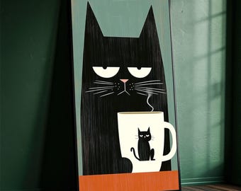 Gatto nero con tazza da caffè su tela, stampa artistica moderna con gatto, decorazione da parete con animali stravaganti, regalo per gli amanti del caffè, arte da parete su tela per la cucina di casa