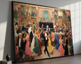 Vintage Ballroom Dance Scene Canvas, Elegant Couple Dancing Wall Art, 1920s Jazz Age Party Decor, Classic Nightlife Canvas Painting, Ready