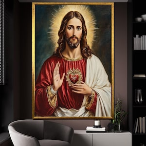 Sacred Heart of Jesus Canvas Painting – Catholic Wall Art with Gold Halo, Ready to Hang, Religious Gift, Spiritual Home Decor