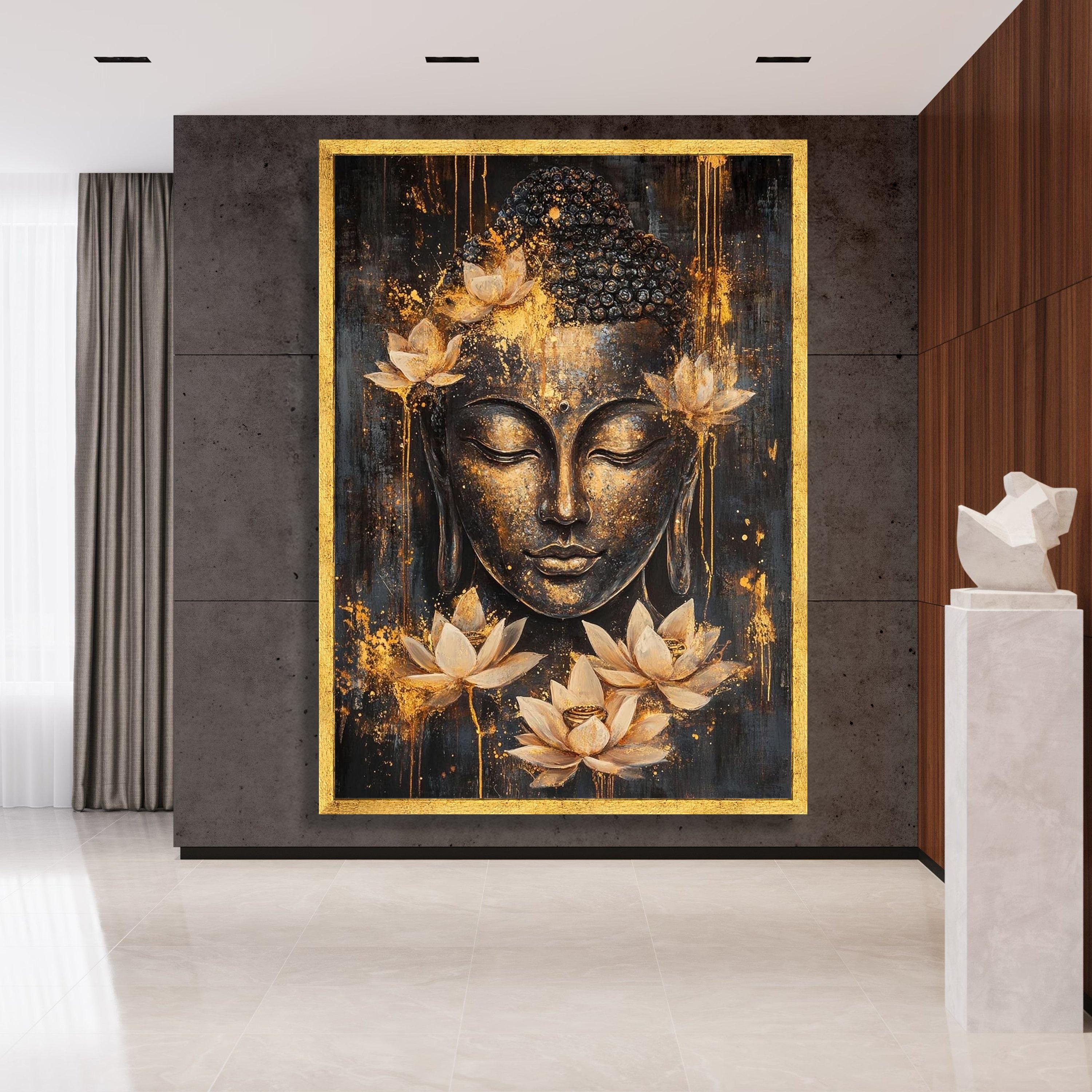 Serene Buddha Face Canvas Wall Art, Golden Lotus Flowers, Spiritual ...