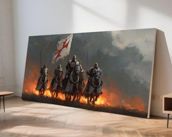 Knight Charge Canvas Painting – Epic Medieval Wall Art, Ready to Hang Gift for Him, Dark Crusader Decor for Office or Man Cave