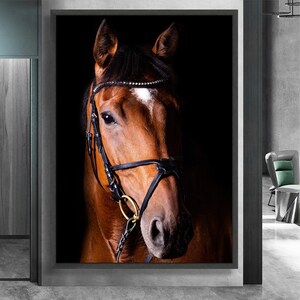 Majestic Horse Portrait Canvas, Equestrian Wall Art, Brown Horse Face Canvas, Extra Large Animal Canvas, Dramatic Black Background image 4