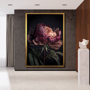 Pink Peony Canvas Painting - Lush Dark Floral Wall Decor - Botanical ...