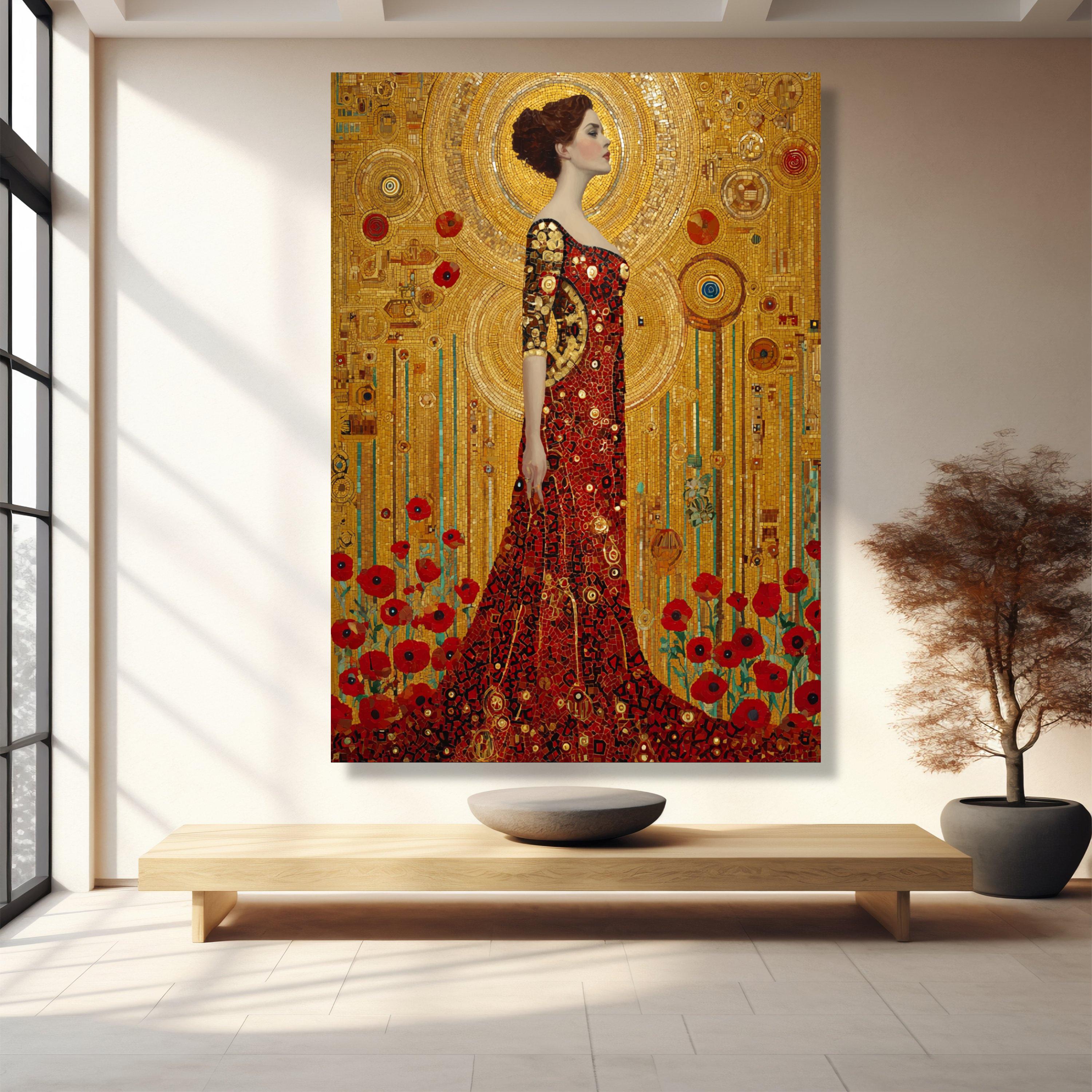 Gustav Klimt Woman in Red Dress Canvas Wall Art, Golden Mosaic Floral ...